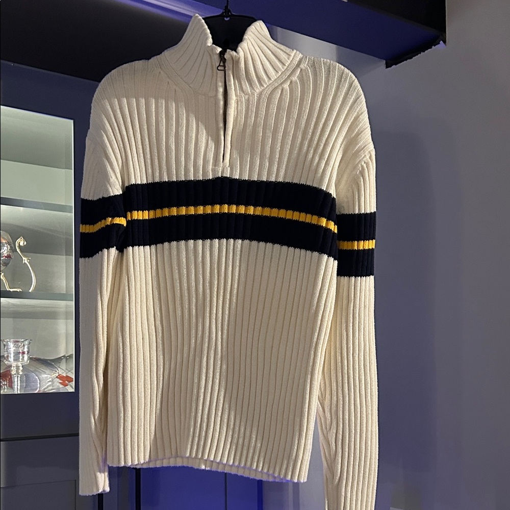 Men's Cream Sweater with Black and Yellow Stripes